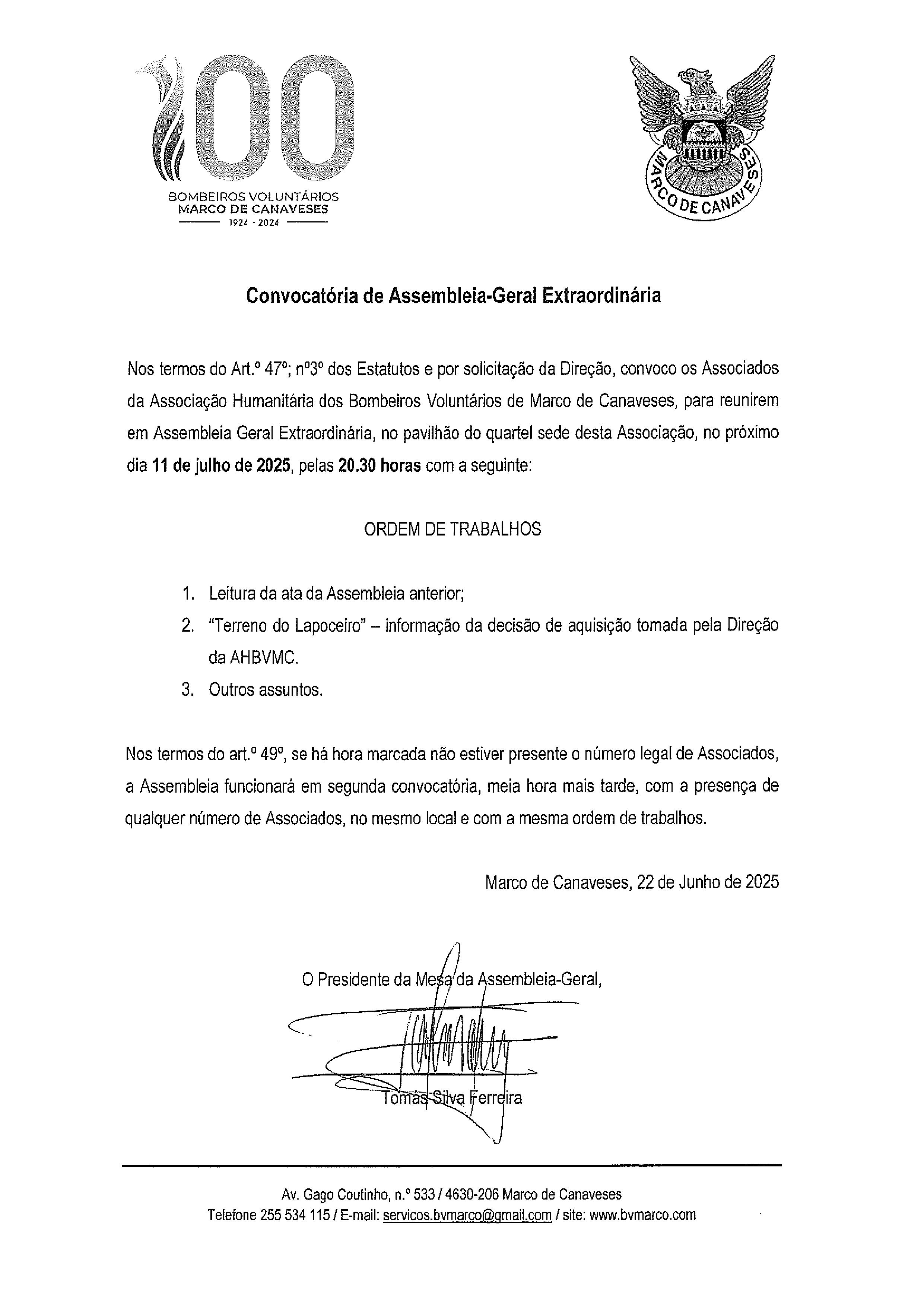 Convocatória AG Extraordinária 11 Julho 2025